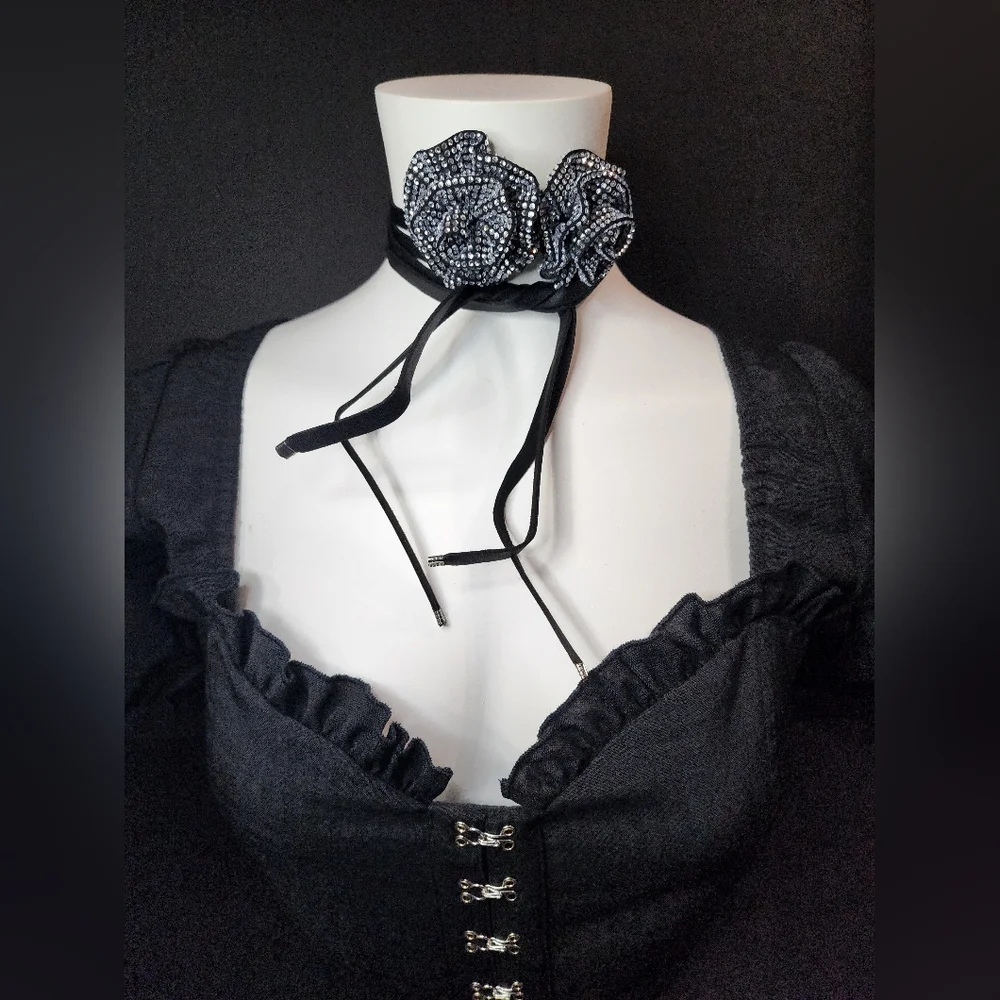 Black Rhinestone Rose Long Tie Choker Necklace